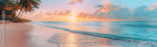 Sunset Beach with Turquoise Waters and Palm Trees