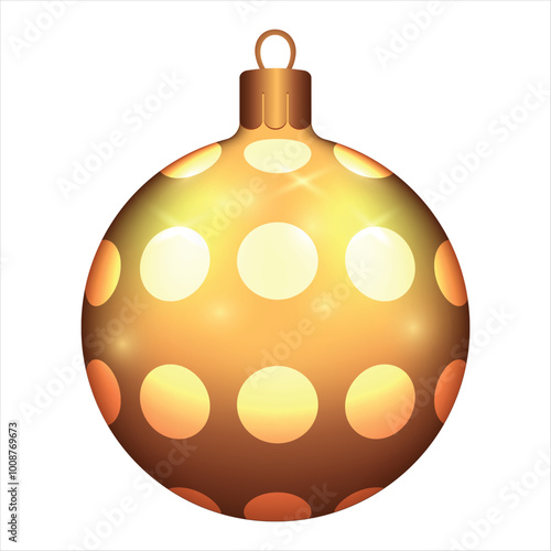 Beautiful gold Christmas balls with circle patterns and glitter on white background. Decorations for New Year tree and Christmas design. Vector realistic object Illustration 10 EPS