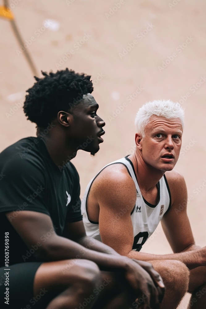 Two athletes engaged in conversation, likely discussing training or strategies. Two athletes engaged in conversation, likely discussing training or strategies.