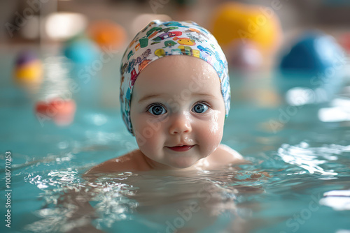 A cute little baby wearing a swimming cap is playing in the pool. The background features small toys floating around the water surface.