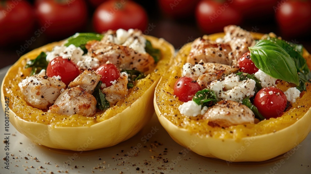 A vibrant dish featuring tender chicken, cherry tomatoes, and spinach nestled in squash A vibrant dish featuring tender chicken, cherry tomatoes, and spinach nestled in squash