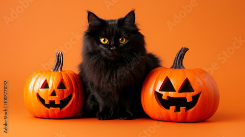 A long-haired black cat sitting between two jack-o’-lanterns on an orange background, perfect for Halloween-themed visuals with copy space..