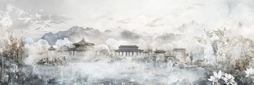 In a Chinese pavilion near a lake, lotuses bloom, there is classical Chinese painting and an illustration banner.