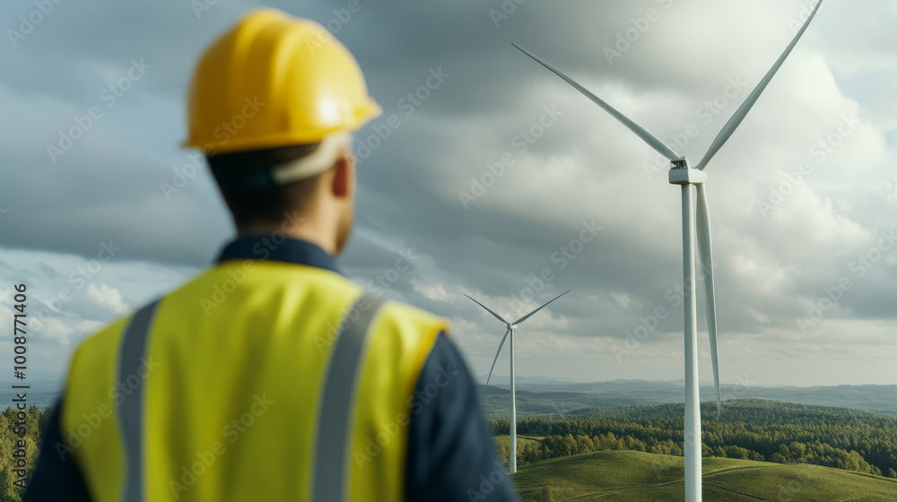 A photo of a technician in a yellow safety vest working in a wind turbine field under a bright sky, captured with high detail and clear focus.. A photo of a technician in a yellow safety vest working in a wind turbine field under a bright sky, captured with high detail and clear focus..