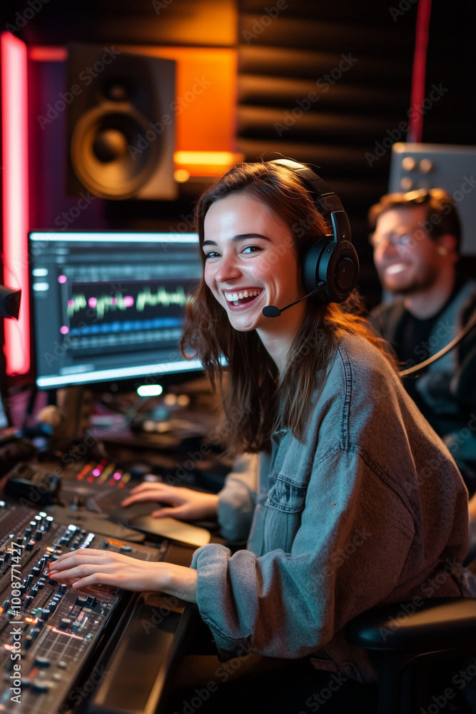 Smile adult woman wear headphones and use a microphone in a studio Smile adult woman wear headphones and use a microphone in a studio