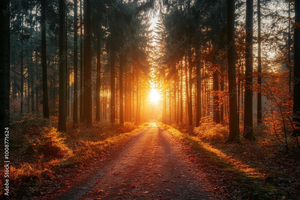 Fototapeta premium The autumn forest and country road at sunset. Colorful landscape with trees, rural roads, orange and red leaves, sun. Travel. Autumn background. A forest with vibrant foliage at night.