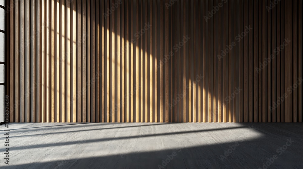 Fototapeta premium Wall with wood background. Panels with wood texture. Vertical slats in the interior design of an empty studio room. 3D architecture with window shadow overlay.