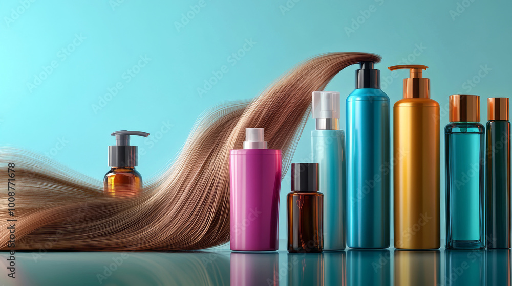 This image shows different hair care products, like shampoo with vitamins or serum, for repairing damaged hair. It's a 3D illustration. This image shows different hair care products, like shampoo with vitamins or serum, for repairing damaged hair. It's a 3D illustration.