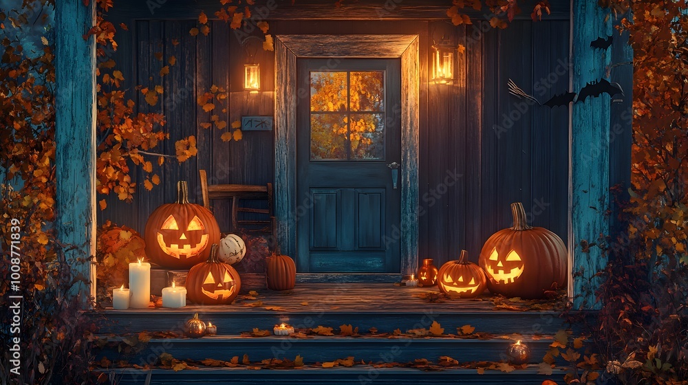 Obraz premium A pumpkin with a smiley face on it sits on a porch next to candles and leaves. The scene is set in autumn, with the pumpkin and leaves adding a festive touch to the setting. The candles provide a warm