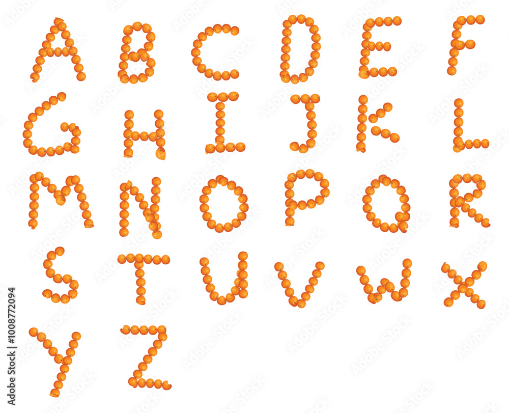 Set of English alphabet made up of Orange fruits, vector font type letters A to Z Set of English alphabet made up of Orange fruits, vector font type letters A to Z