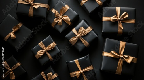 A striking arrangement of black gift boxes adorned with luxurious golden bows against a dark background, creating an elegant and sophisticated holiday presentation.