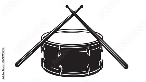 Black silhouette of a snare drum and two drumsticks, simple design, vector-style logo on a white background, 
