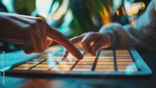 Hands Interacting with a Colorful Touchscreen Tablet in a Dimly Lit Setting