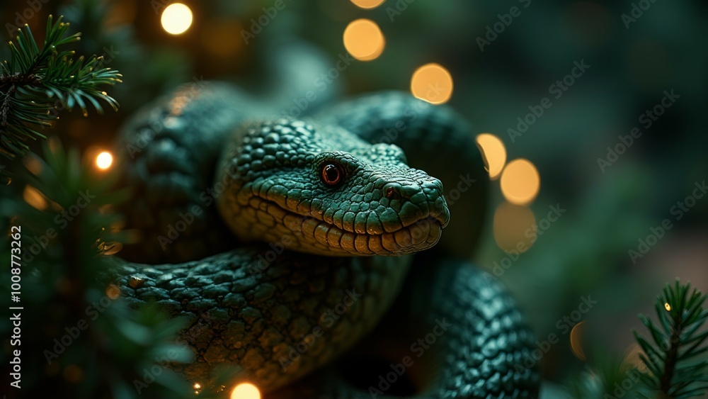 Christmas snake with Santa hat surrounded by lights Christmas snake with Santa hat surrounded by lights