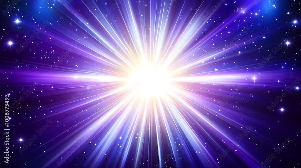 A bright white light explodes outward from a central point, creating a starburst effect against a dark blue background with scattered white stars. A bright white light explodes outward from a central point, creating a starburst effect against a dark blue background with scattered white stars.