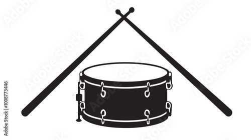 Black silhouette of a snare drum and two drumsticks, simple design, vector-style logo on a white background, 