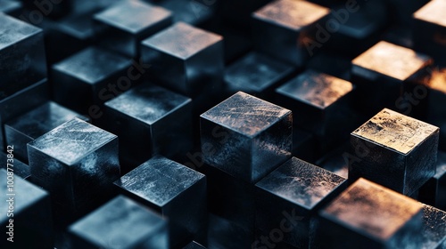 abstract 3d isometric cubes, abstract background, 3d rendering, close up, shallow DOF, dark colors 