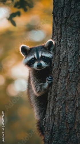 A raccoon peeks around a tree trunk in a serene, natural setting.