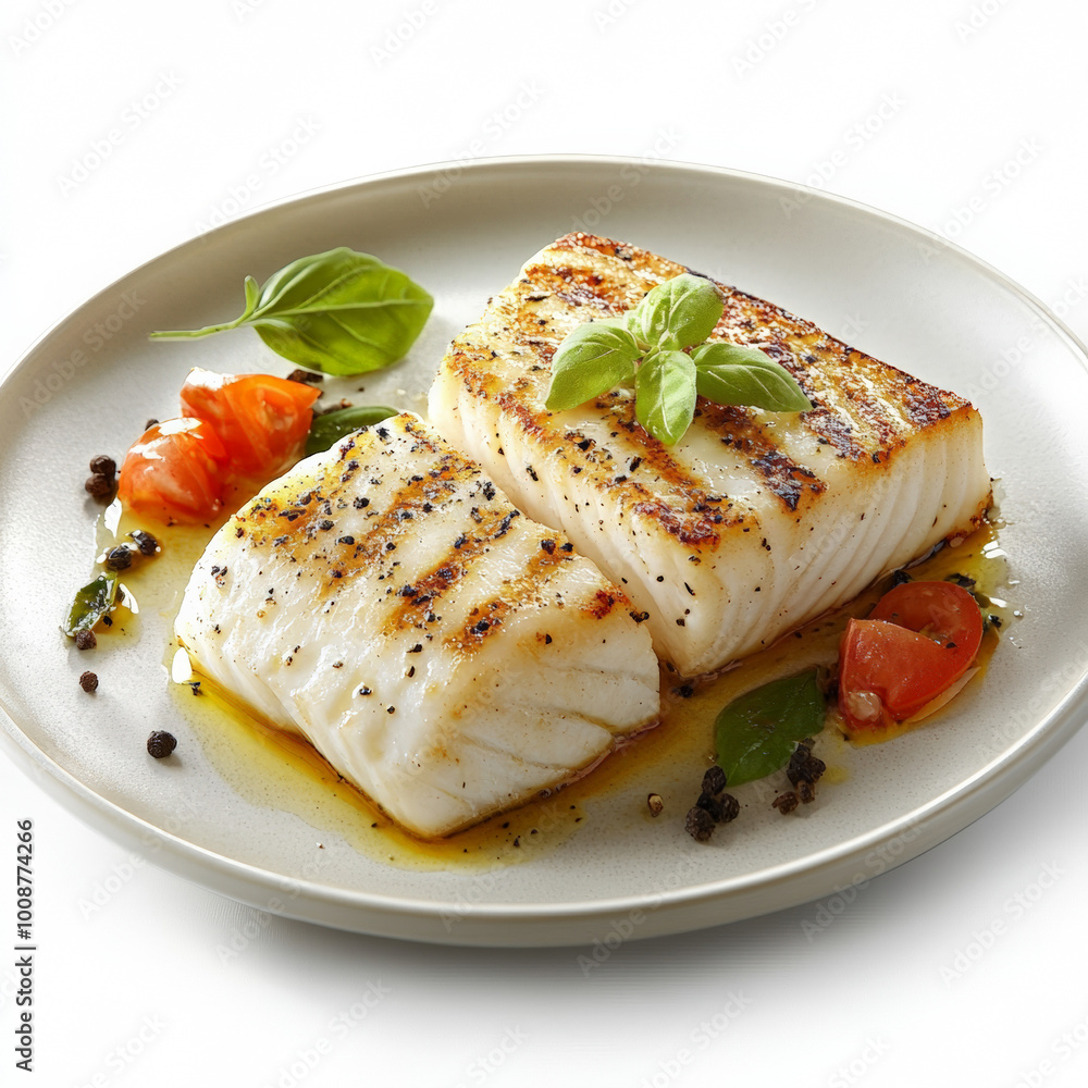 A photo of an elegant dish featuring halibut, showcasing its soft texture and delicate flake against the backdrop of pure white plate. A photo of an elegant dish featuring halibut, showcasing its soft texture and delicate flake against the backdrop of pure white plate.