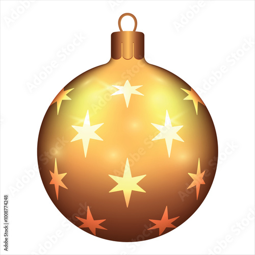 Beautiful gold Christmas balls with star patterns and glitter on white background. Decorations for New Year tree and Christmas design. Vector realistic object Illustration 10 EPS