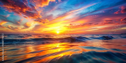 A mesmerizing sunset paints the sky with hues of orange, pink, and purple, reflecting on the rippling surface of the ocean, as the sun dips below the horizon.