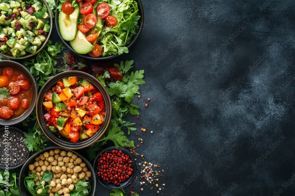 Fresh Vegetable Salad Bowls with Chickpeas Avocado and Spices on Black Background Fresh Vegetable Salad Bowls with Chickpeas Avocado and Spices on Black Background