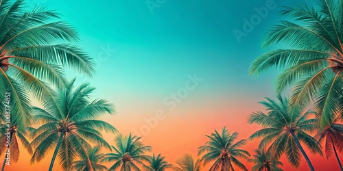 Silhouettes of palm trees reaching towards an ethereal sky, painted in hues of soft coral and vibrant turquoise, symbolizing the gentle embrace of a tropical paradise.