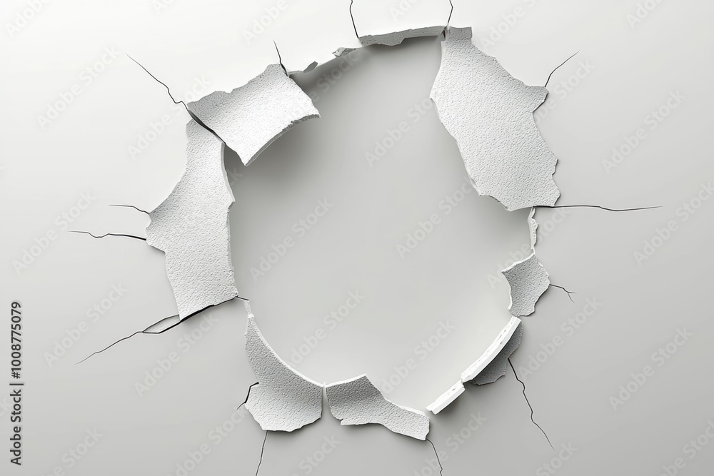 A large, cracked hole in a white wall, revealing an abstract texture underneath. Ideal for concepts of destruction or new beginnings. A large, cracked hole in a white wall, revealing an abstract texture underneath. Ideal for concepts of destruction or new beginnings.