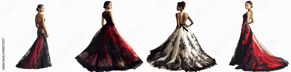 Obraz premium set of Intricate lace detail, hyper-realistic, fashion photography A model showing off an elegant gown, Intricate lace detail, png file, model fashion, photography, on a transparent backgrounds