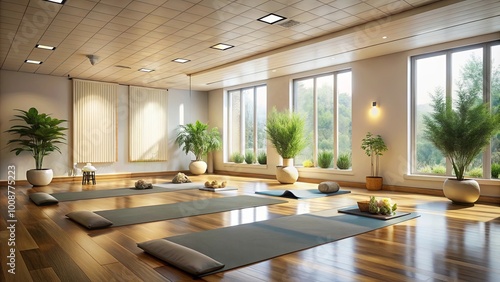 Tranquil Interior Design for Meditation and Relaxation with Natural Sunlight Streaming Through Large Windows and Greenery