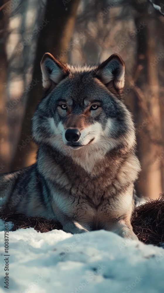 Obraz premium A wolf resting in a snowy forest, showcasing its majestic features and natural habitat.