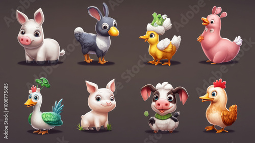 This set of cute cartoon pictures shows farm animals like dogs, cats, pigs, donkeys, goats, turkeys, rabbits, cows, pigeons, sheep, chickens, ducks, and hens. photo