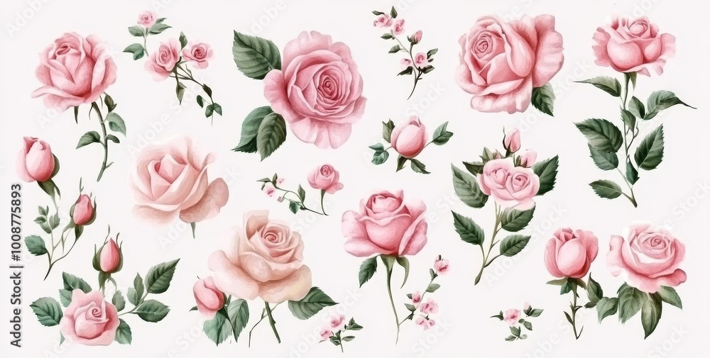 Illustration of a twig adorned with pink flowers and colorful leaves. A botanical illustration. Illustration of a twig adorned with pink flowers and colorful leaves. A botanical illustration.