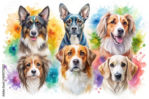 Vibrant Watercolor Illustrations of Various Dog Breeds in Artistic and Playful Poses and Settings