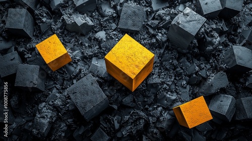 abstract texture containing three honeyyellow objects surrounded by dark grey objects, symbolizing housing and real estate on a darkgrey background, 3d  photo