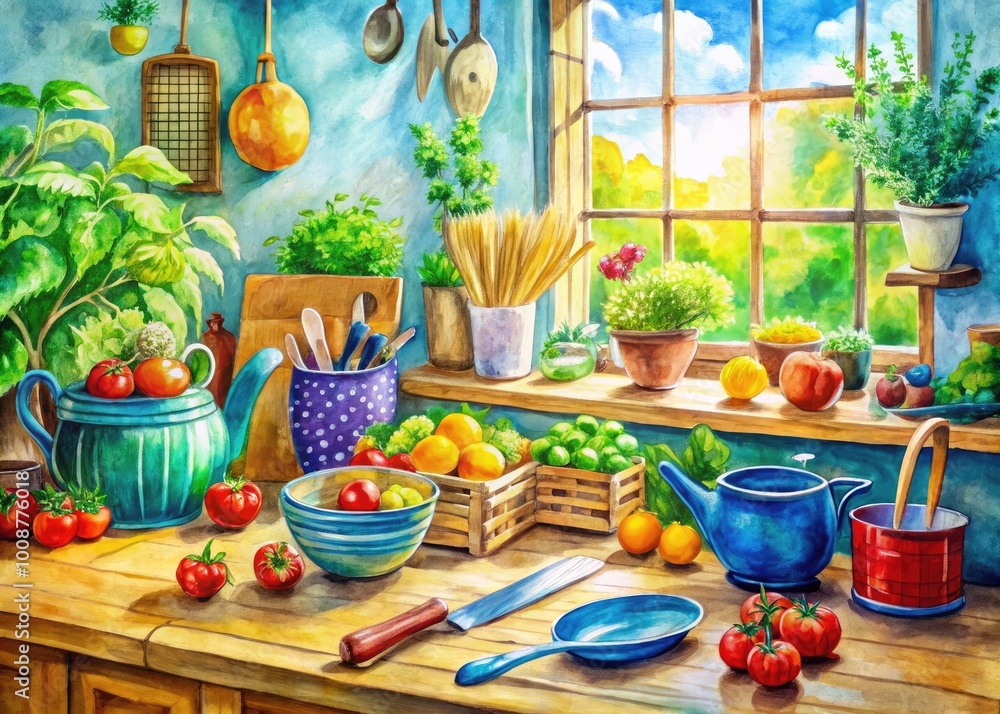 Fototapeta premium Vibrant Watercolor Kitchen Scene with Colorful Utensils, Fresh Ingredients, and Cozy Atmosphere