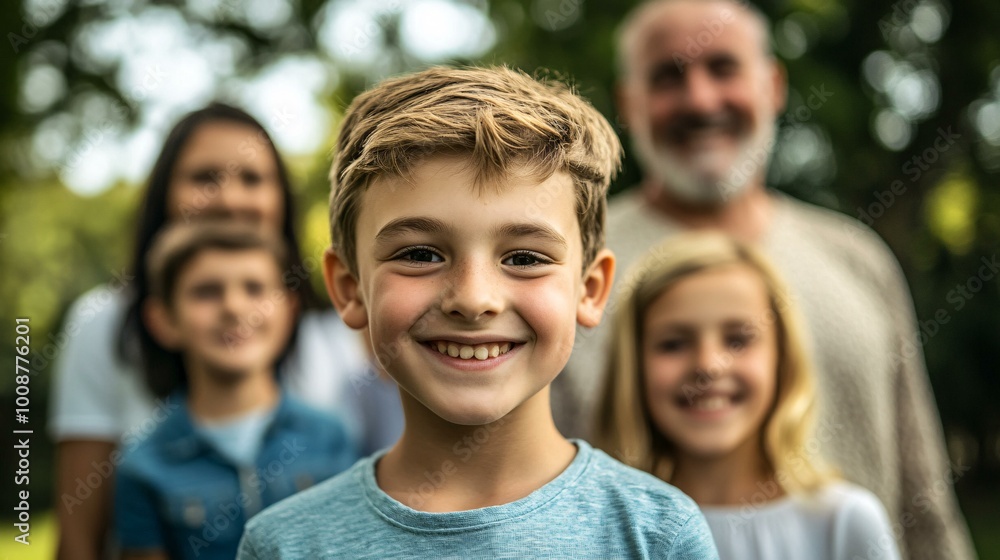 A cheerful multi-generational family stands together in a park, with children in the front, parents behind them, and grandparents smiling at the back, all dressed casually and enjoying a sunny A cheerful multi-generational family stands together in a park, with children in the front, parents behind them, and grandparents smiling at the back, all dressed casually and enjoying a sunny
