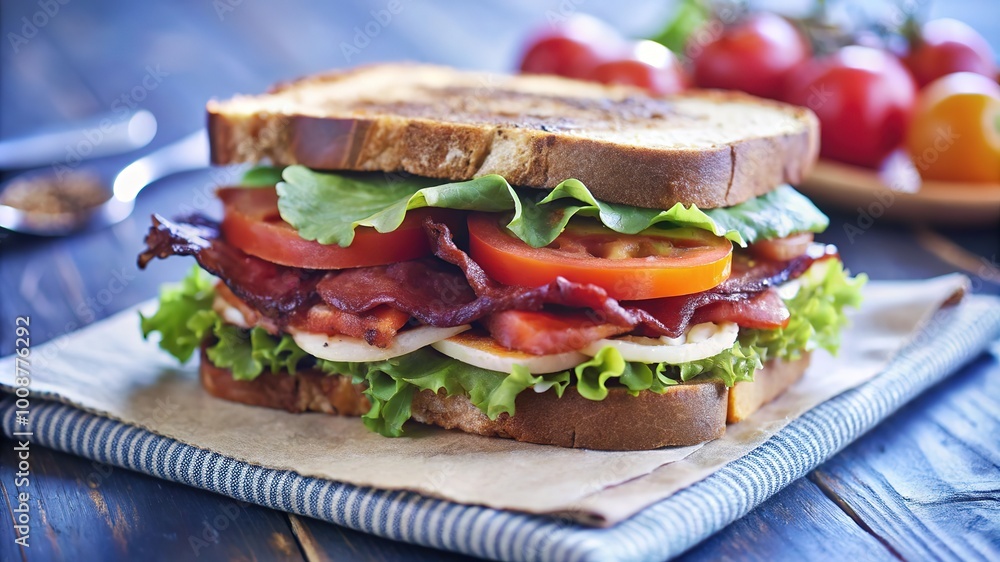 A delicious BLT sandwich stacked high with crispy bacon, fresh lettuce, and ripe tomatoes on whole grain bread, perfect for lunch at home A delicious BLT sandwich stacked high with crispy bacon, fresh lettuce, and ripe tomatoes on whole grain bread, perfect for lunch at home