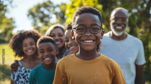 A cheerful multi-generational family stands together in a park, with children in the front, parents behind them, and grandparents smiling at the back, all dressed casually and enjoying a sunny