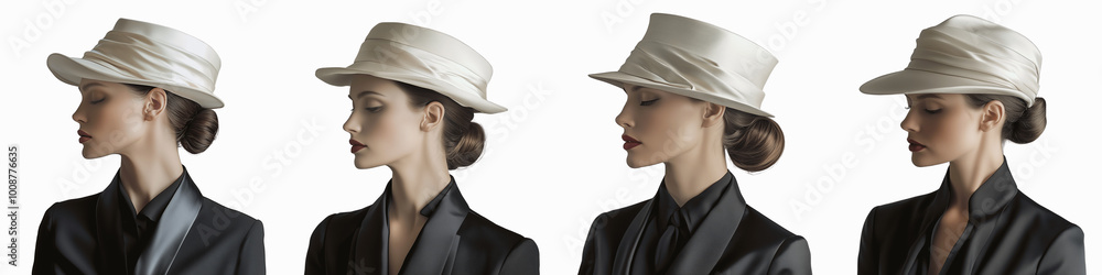 set of Elegantly styled hat on a model's head, styled hat, png file, classically, styled hat on a model's head, hat styling, on a transparent backgrounds set of Elegantly styled hat on a model's head, styled hat, png file, classically, styled hat on a model's head, hat styling, on a transparent backgrounds