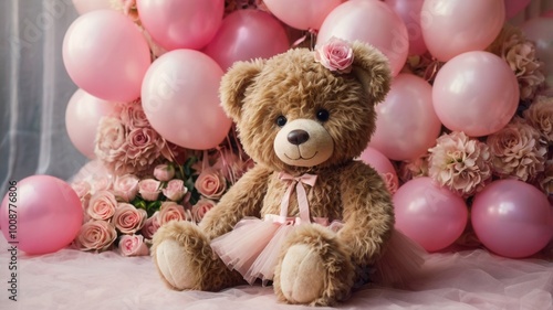 a teddy bear with a pink tutu sits next to a bunch of pink balloons.