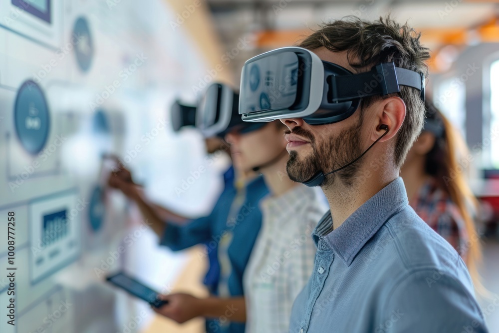 man in VR glasses works in office, use of advanced technologies in modern office, virtual reality glasses man in VR glasses works in office, use of advanced technologies in modern office, virtual reality glasses