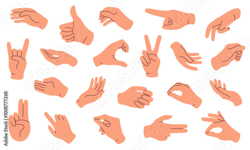 Hand gesture set isolated on white. Simple flat style. Hand sign ok, heart, press touch, hold, peace. Vector illustration.
