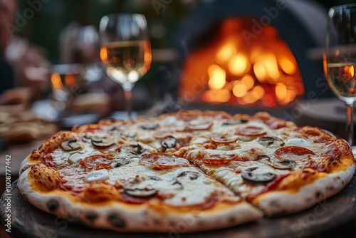 Delicious Pepperoni and Mushroom Pizza with White Wine in the Background