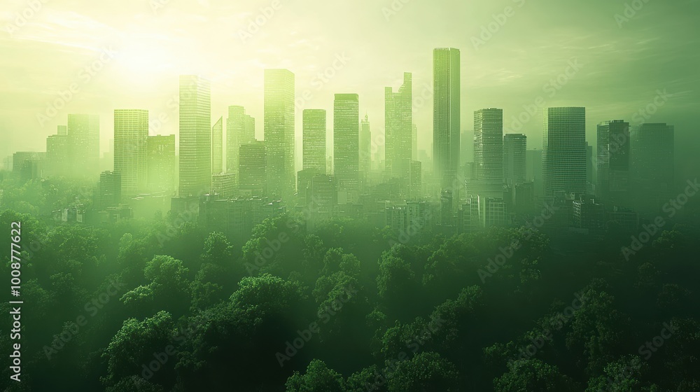 A vibrant urban landscape enveloped in mist and greenery, showcasing modern architecture and nature's beauty harmoniously intertwined. A vibrant urban landscape enveloped in mist and greenery, showcasing modern architecture and nature's beauty harmoniously intertwined.