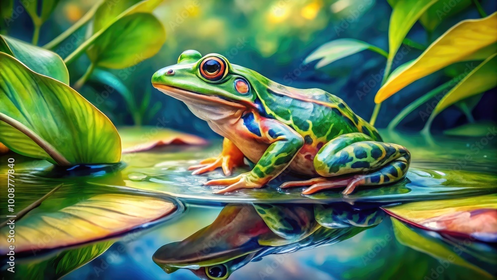 Vibrant Watercolor Painting of a Frog Sitting on a Leaf Surrounded by Lush Greenery and Water Vibrant Watercolor Painting of a Frog Sitting on a Leaf Surrounded by Lush Greenery and Water