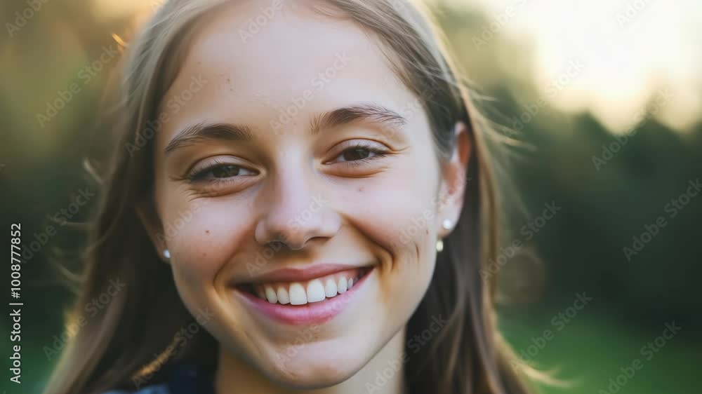 Joyful young woman smiling outdoors at sunset Joyful young woman smiling outdoors at sunset