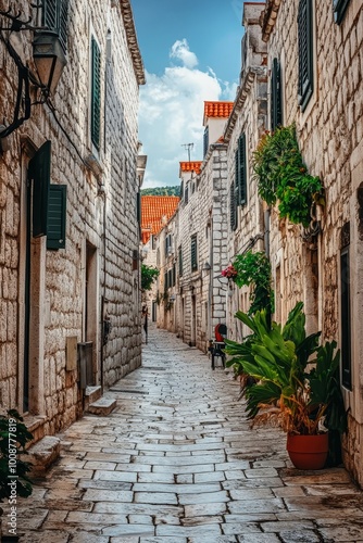 Narrow Cobblestone Street with Traditional Stone Houses and Lush Greenery in European Town