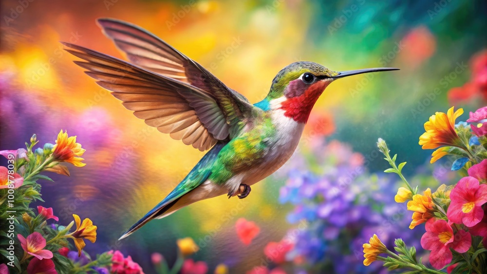 Fototapeta premium Vibrant Watercolor Painting of a Hummingbird in Flight with Colorful Floral Background Elements