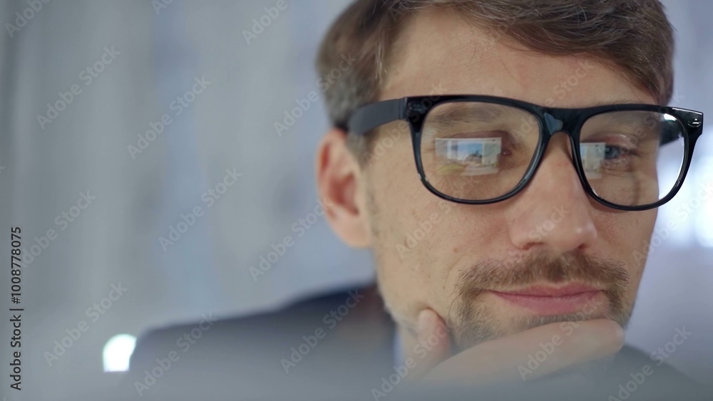 Businessman with glasses looking intently obscured partially by a translucent surface of laptop. Business concept Businessman with glasses looking intently obscured partially by a translucent surface of laptop. Business concept
